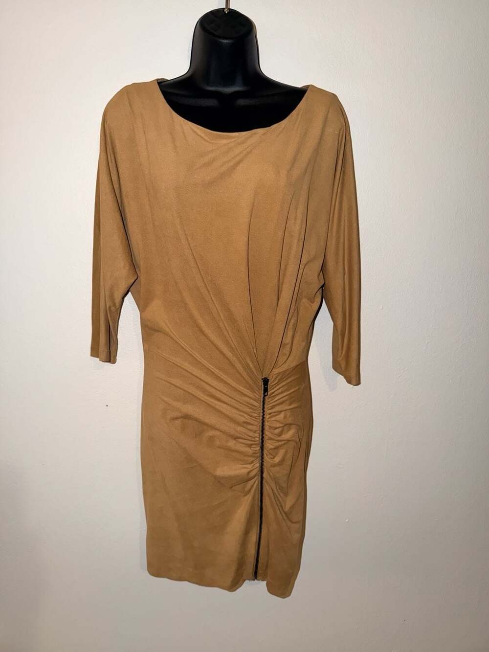 bebe Faux Suede Dress Size M Camel Tan Ruched Zip